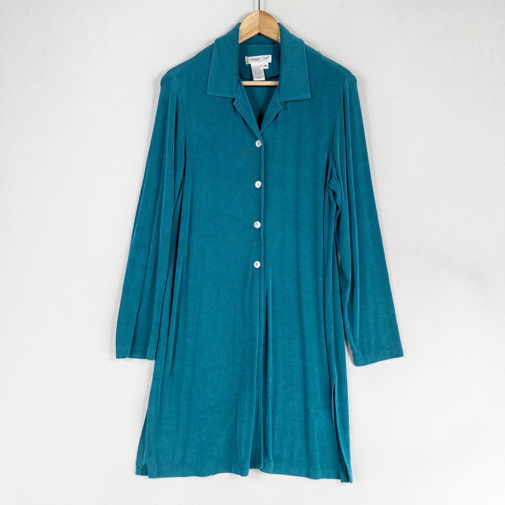 Coldwater Creek Sweater Sz Medium Teal Blue Cardigan Duster Button Up Slinky
